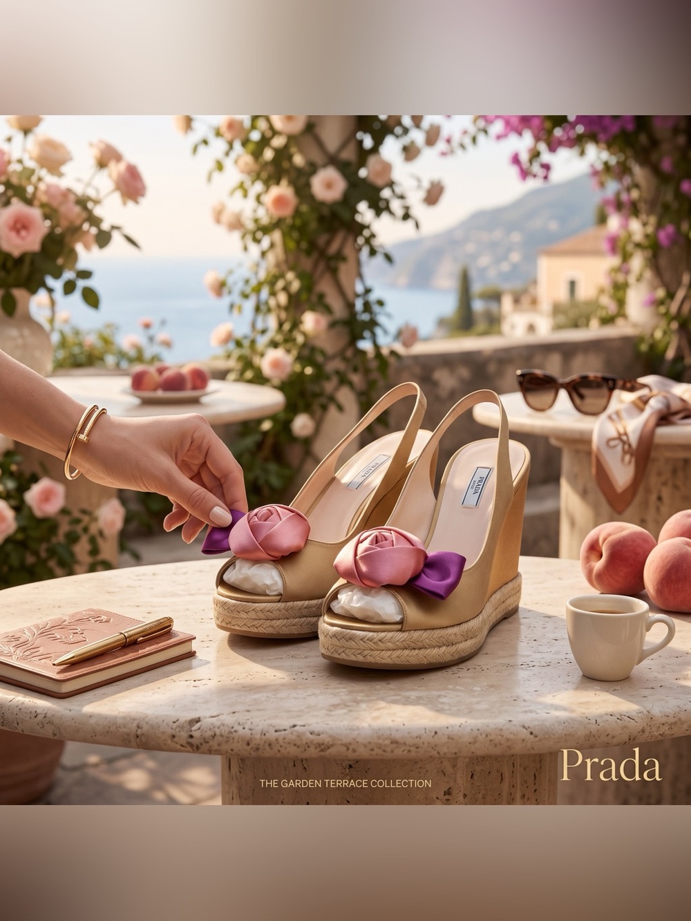 Prada Milano Champagne Satin Rose Espadrille Wedge Sandals Size 36 US 6